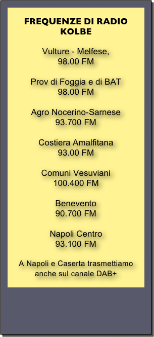 
FREQUENZE DI RADIO KOLBE

Vulture - Melfese,                              98.00 FM

Prov di Foggia e di BAT                   98.00 FM

Agro Nocerino-Sarnese                   93.700 FM

Costiera Amalfitana                          93.00 FM
  
Comuni Vesuviani 
100.400 FM
   
Benevento                                        90.700 FM           

Napoli Centro                                   93.100 FM

A Napoli e Caserta trasmettiamo anche sul canale DAB+
